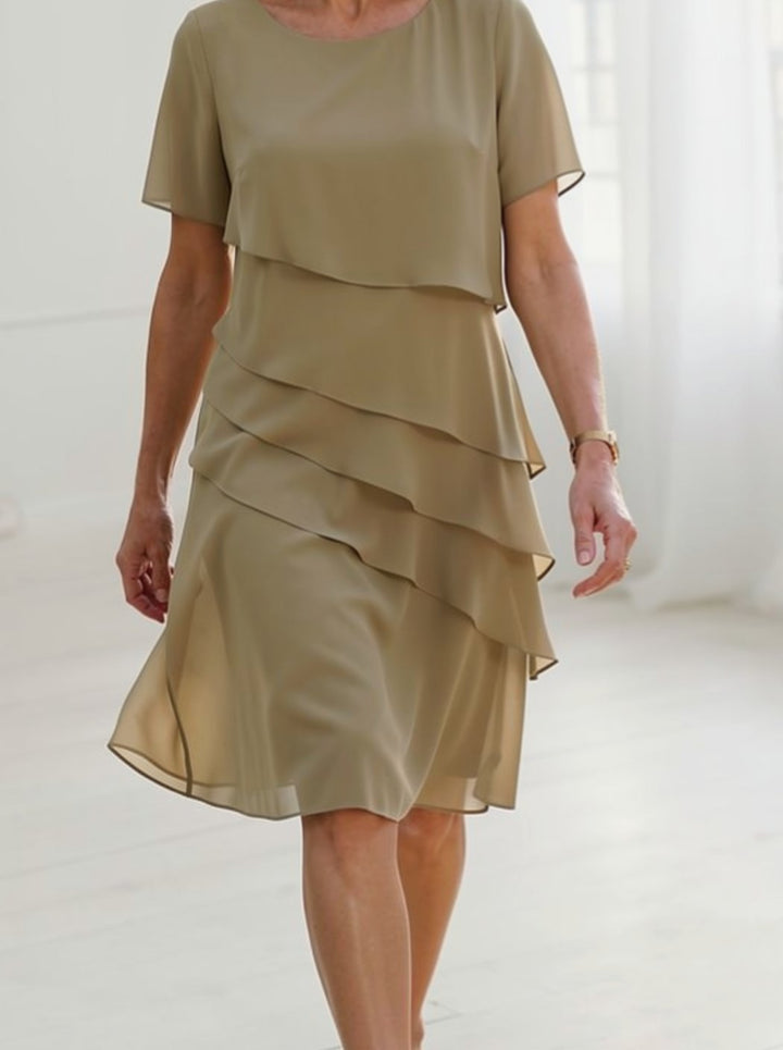 Women's Chiffon Tiered Ruffle Round-Neck Midi Dress - Khaki