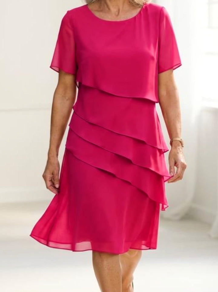Women's Chiffon Tiered Ruffle Round-Neck Midi Dress - Pink