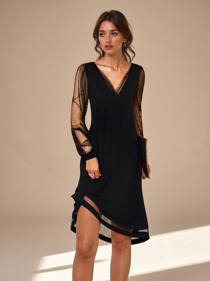 Women's Christmas Party Black Mini Dress Sheer Sequin Long Sleeves - Black
