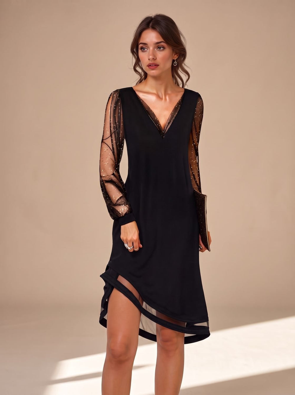 Women's Christmas Party Black Mini Dress Sheer Sequin Long Sleeves