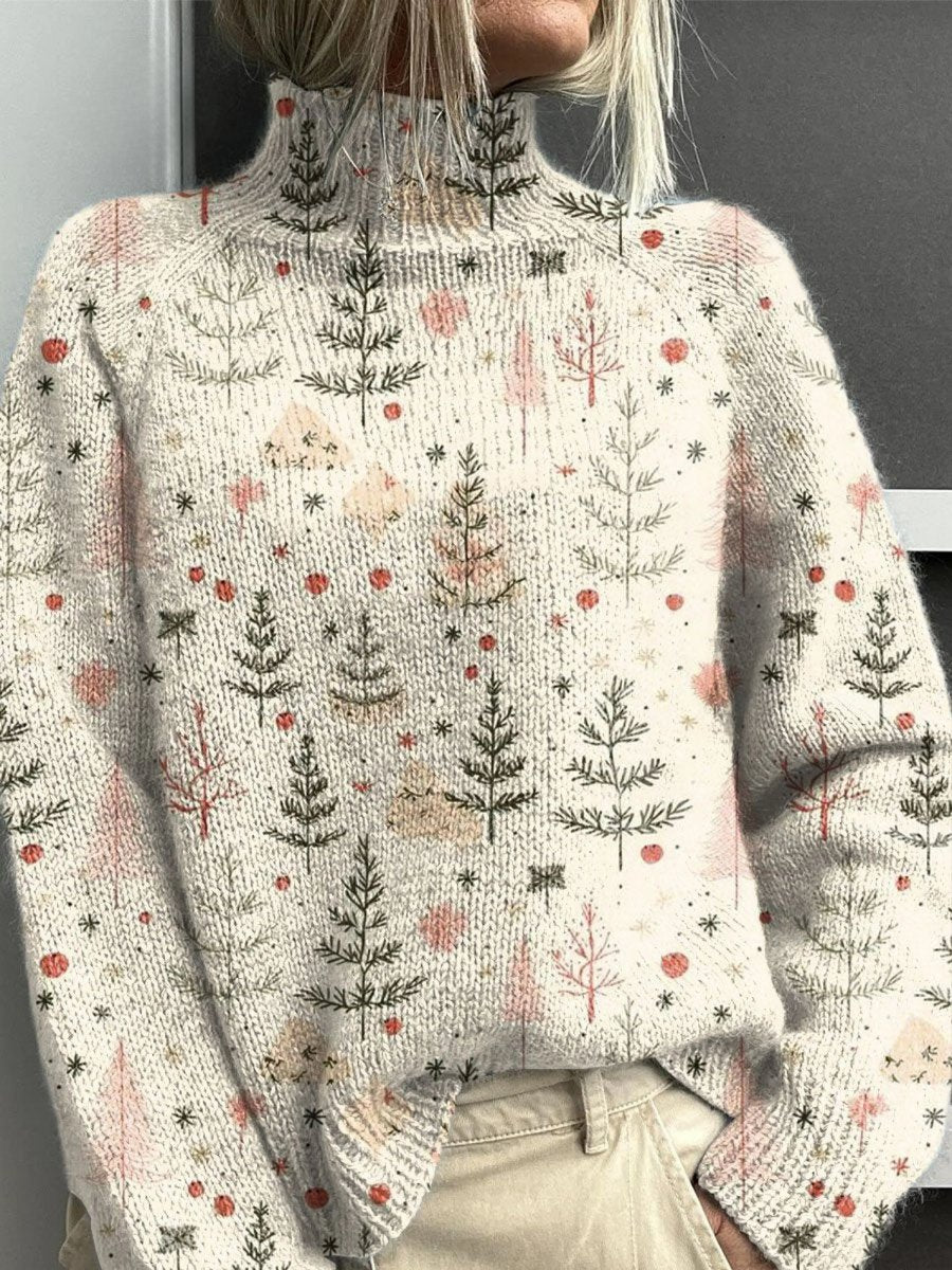 Women's Christmas Tree Print Relaxed-Fit Turtleneck Sweater - Multicolor