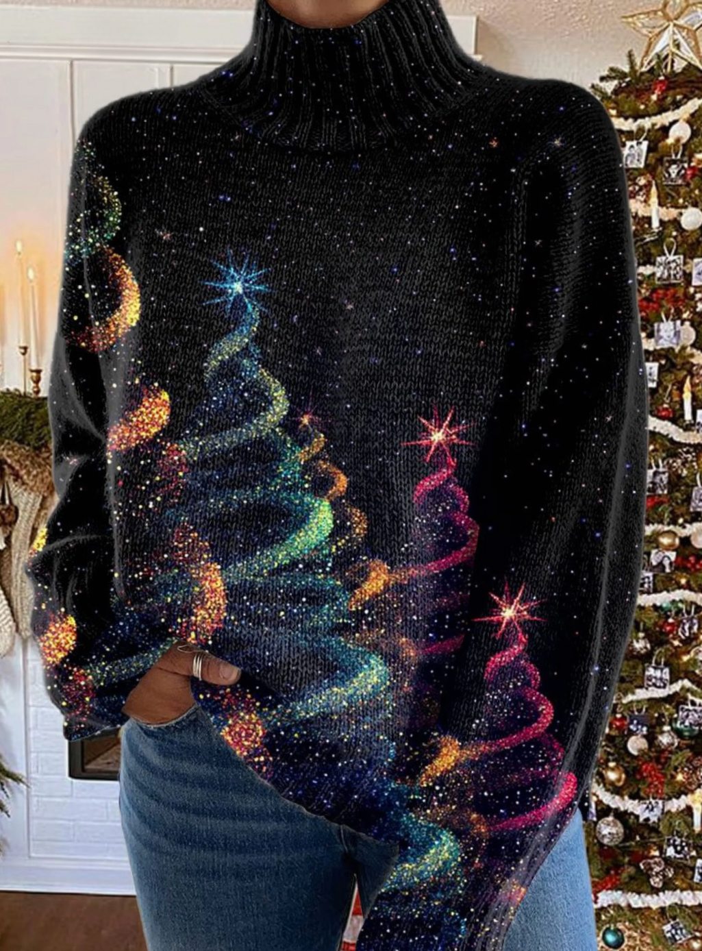 Women's Christmas Tree Turtleneck Glitter Knit Sweater - Multicolor