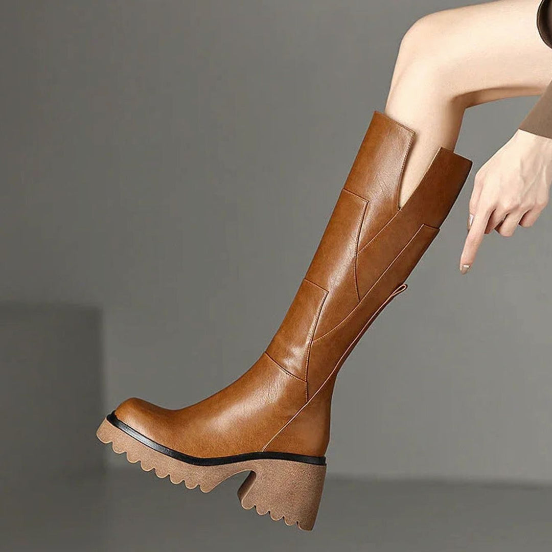 Women's Chunky Knee-High Block Heel Zipper Boots - Brown