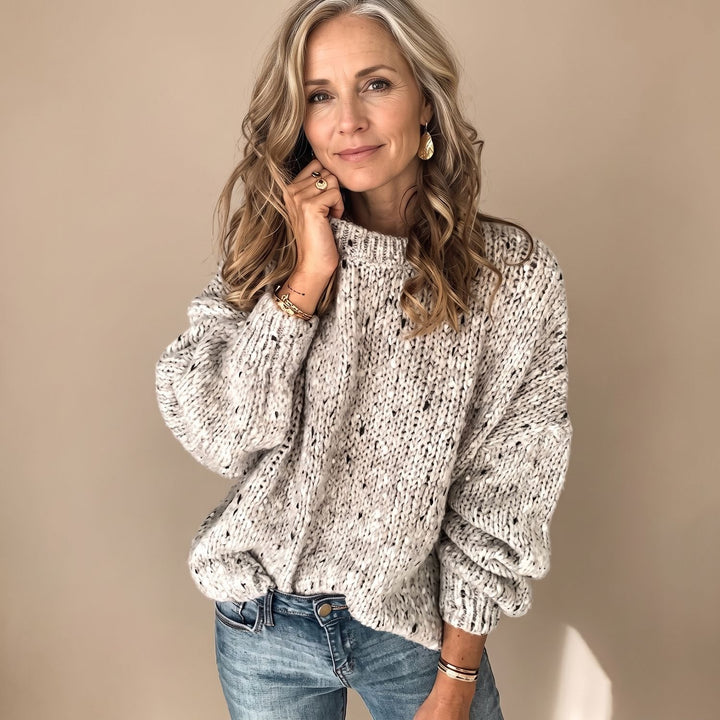 Women's Chunky Knit Speckled Crewneck Pullover Sweater - Beige