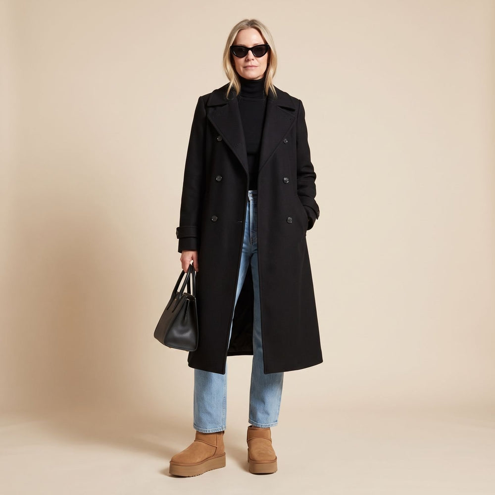 Women's Classic Double-Breasted Long Belted Trench Coat - Black