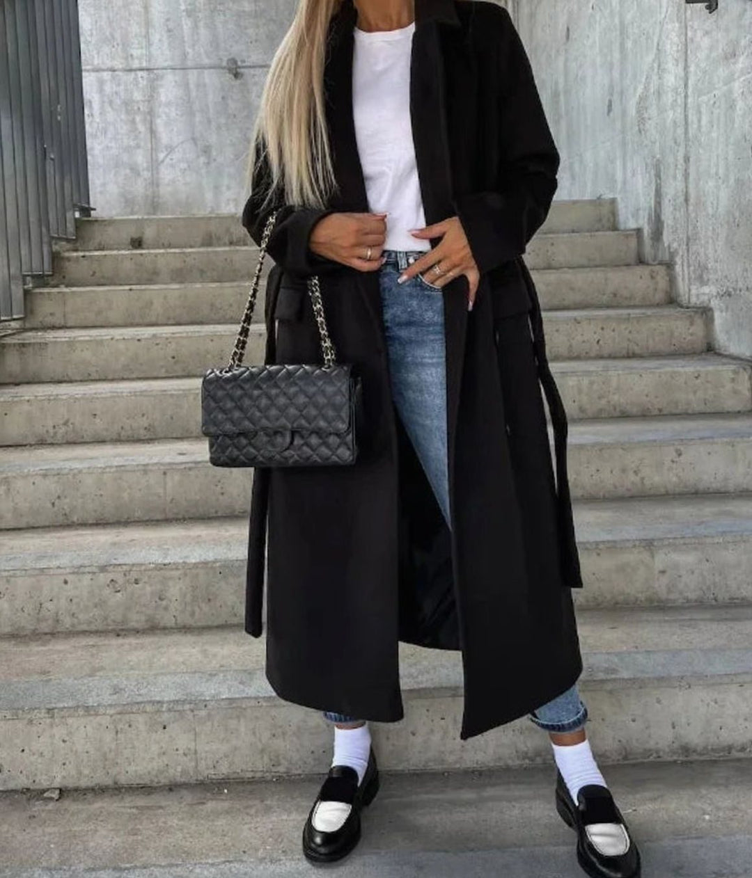 Women's Classic Double-Breasted Long Trench Coat - Black