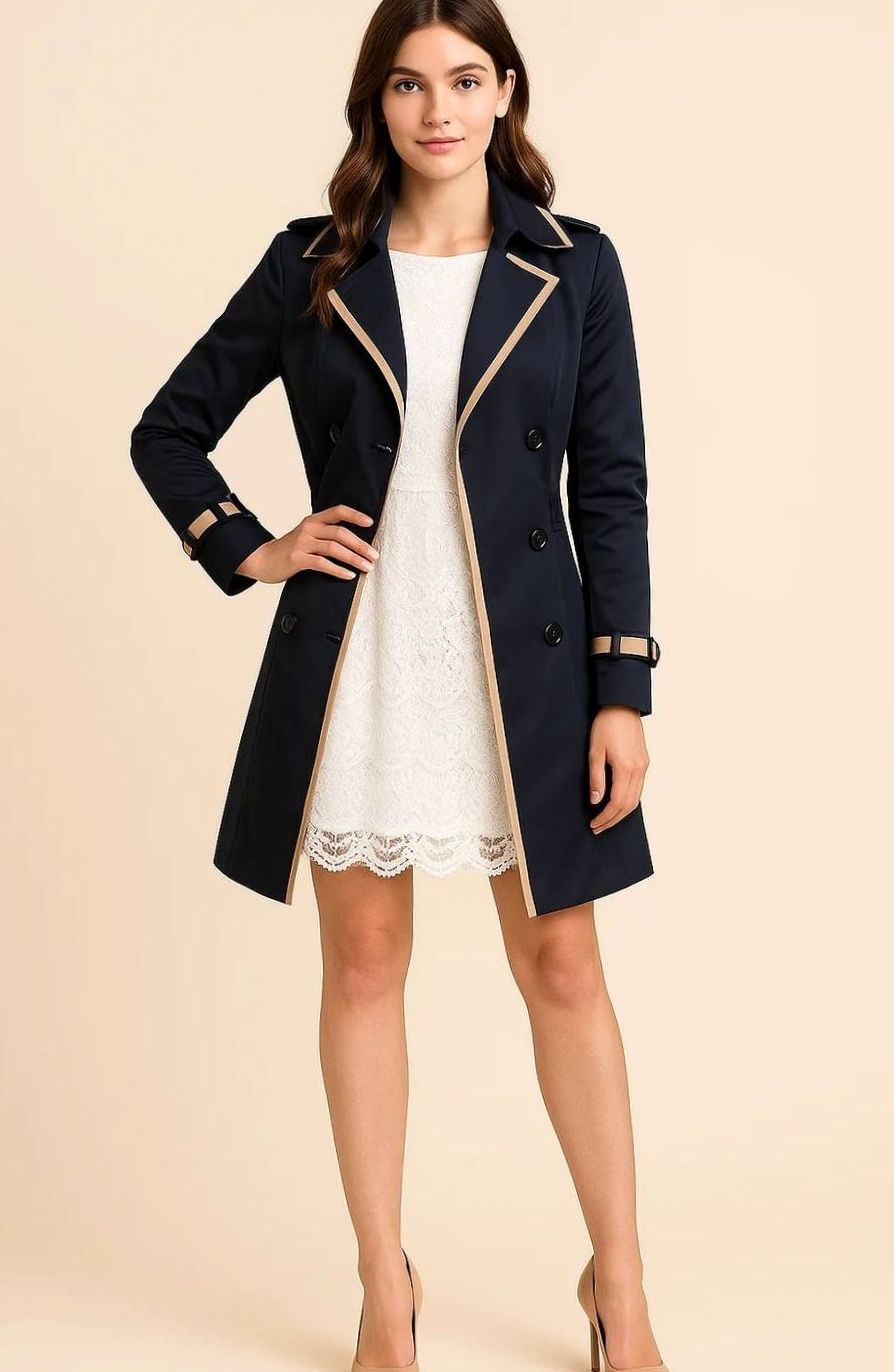 Women's Classic Double-Breasted Trench Coat Contrast-Trim - Navy Blue