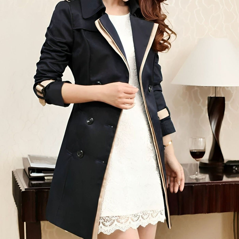 Women's Classic Double-Breasted Trench Coat Contrast-Trim Tailored