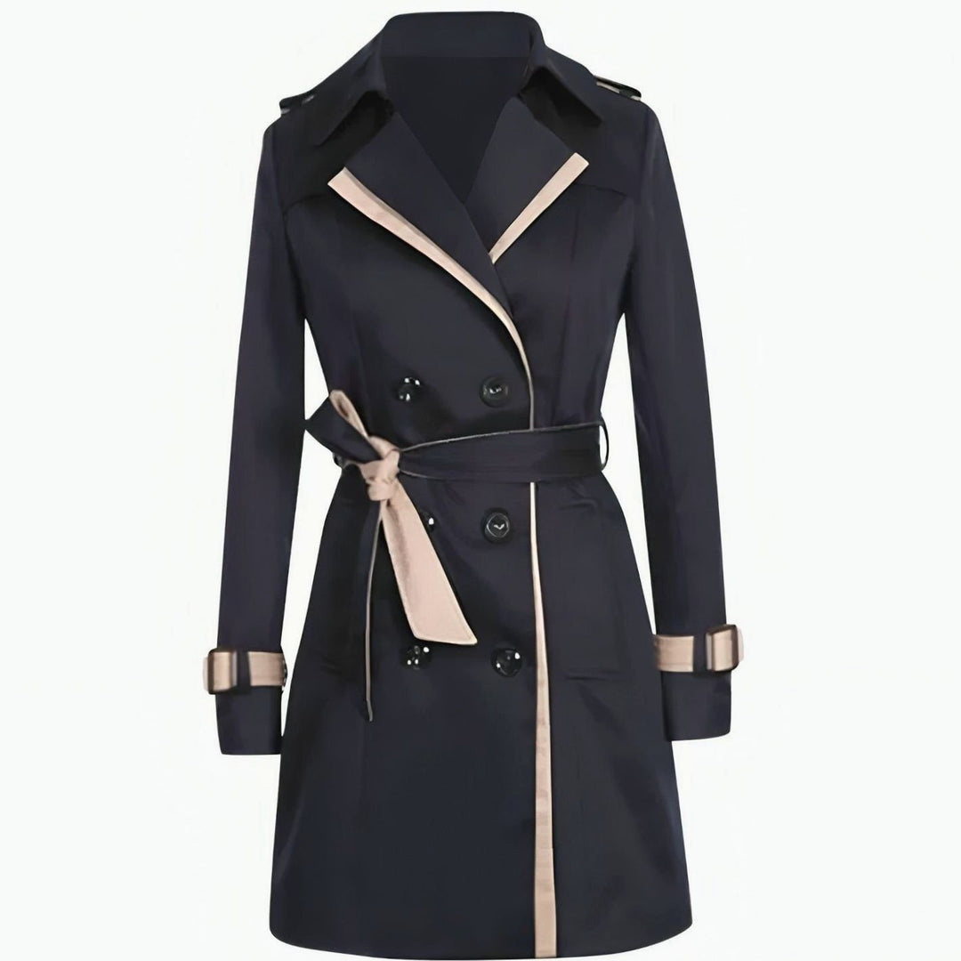 Women's Classic Double-Breasted Trench Coat Contrast-Trim Tailored - Black
