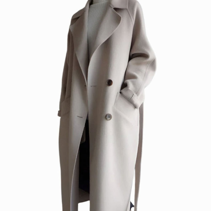 Women's Classic Lapel Long Belted Winter Coat - Beige