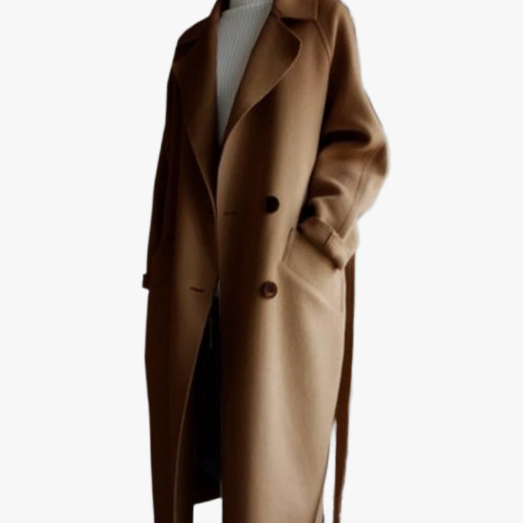Women's Classic Lapel Long Belted Winter Coat - Brown