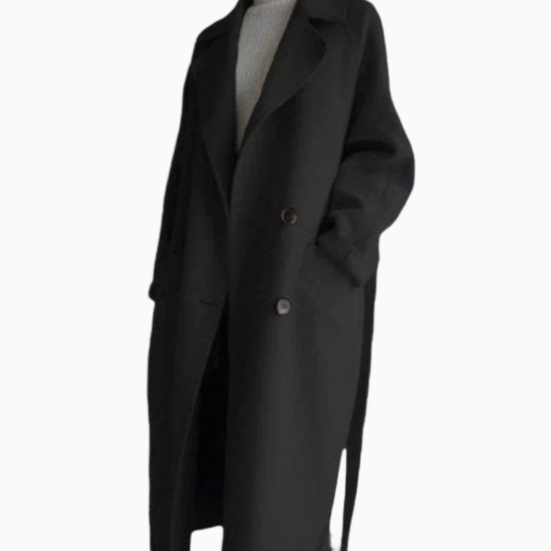 Women's Classic Lapel Long Belted Winter Coat - Black