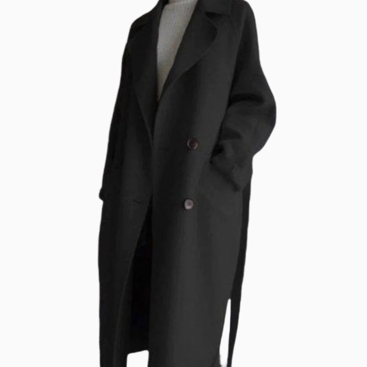 Women's Classic Lapel Long Belted Winter Coat - Black