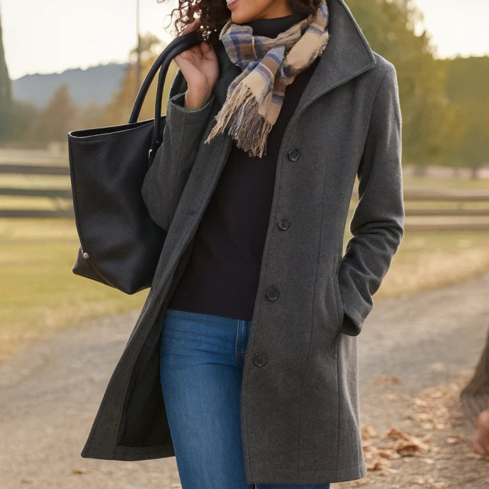 Women's Classic Mid-Length Single-Breasted Wool-Blend Coat - Gray