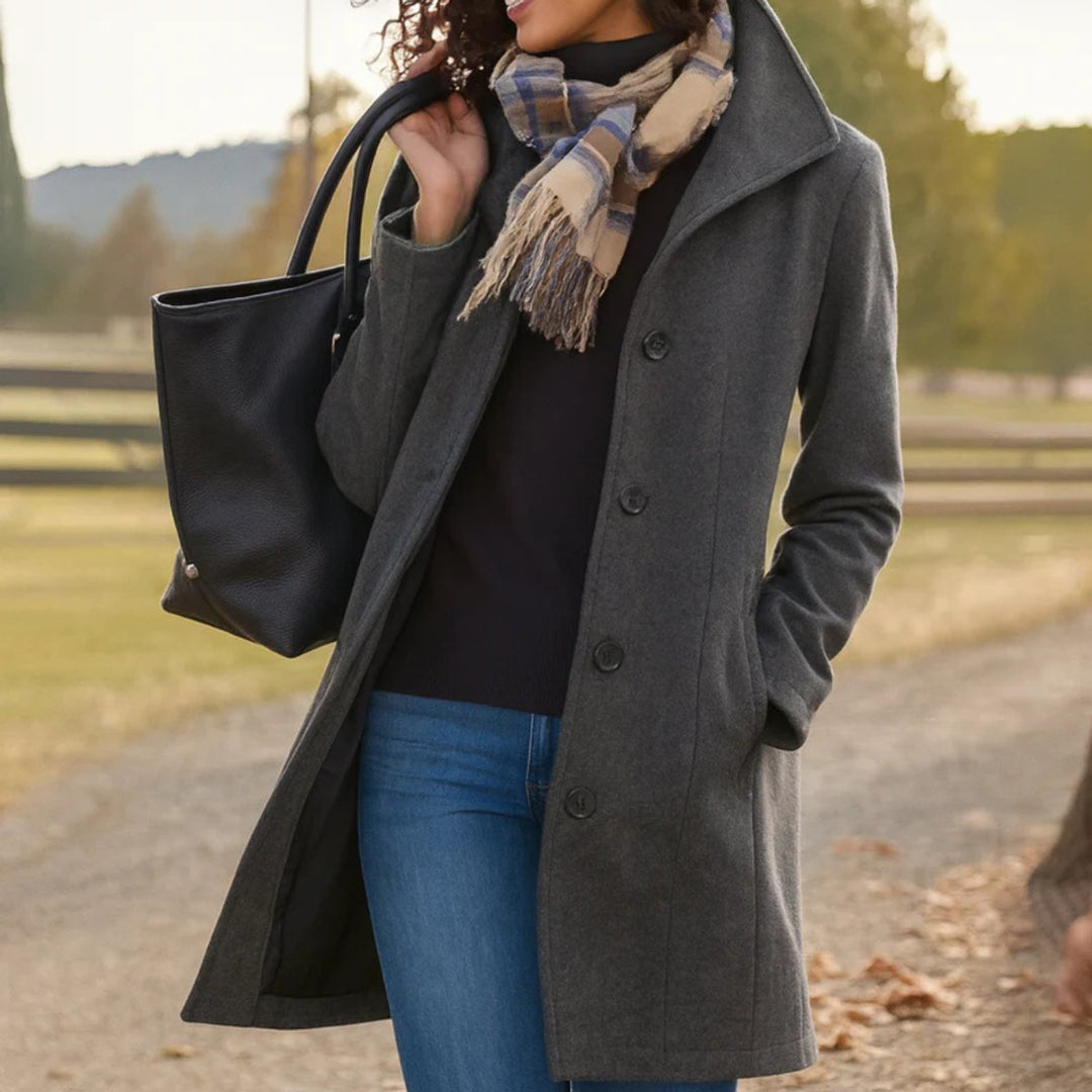 Women's Classic Mid-Length Single-Breasted Wool-Blend Coat - Gray