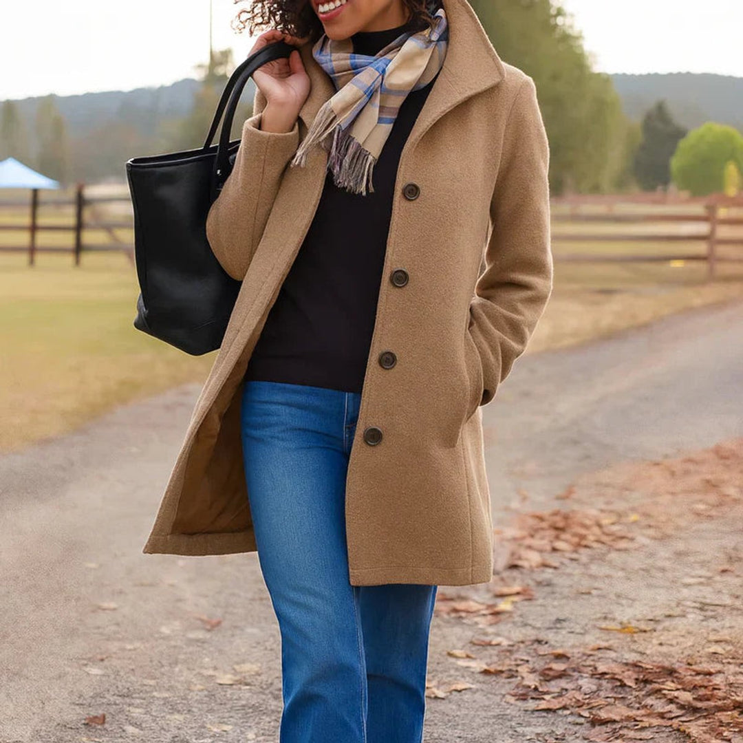 Women's Classic Mid-Length Single-Breasted Wool-Blend Coat - Khaki