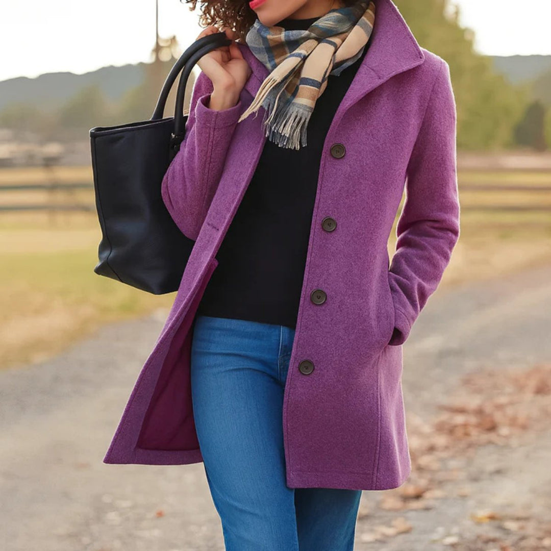 Women's Classic Mid-Length Single-Breasted Wool-Blend Coat - Purple