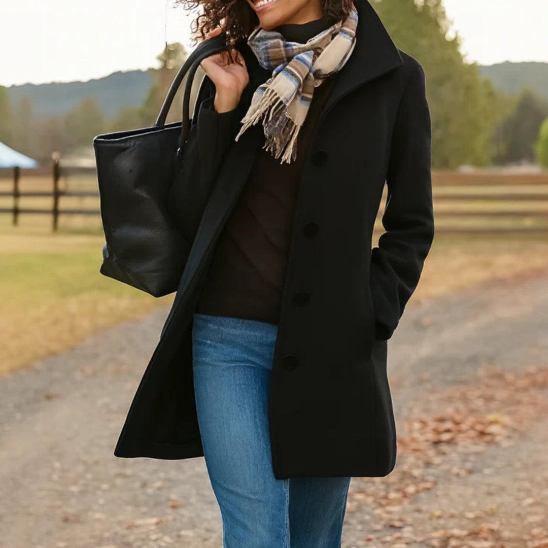 Women's Classic Mid-Length Single-Breasted Wool-Blend Coat - Black