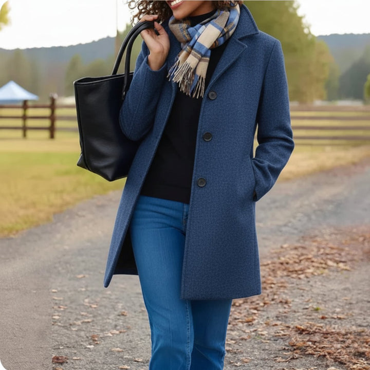Women's Classic Mid-Length Single-Breasted Wool-Blend Coat - Blue