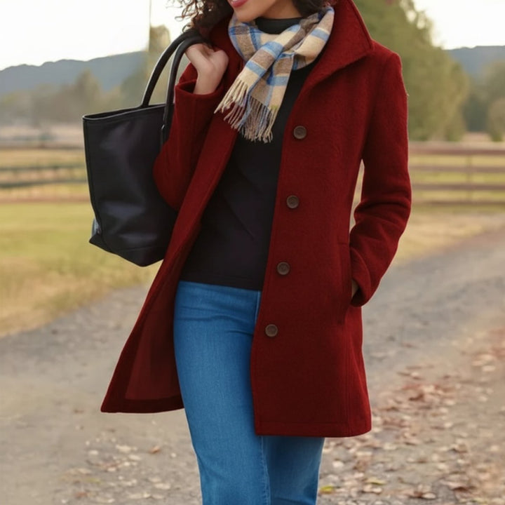 Women's Classic Mid-Length Single-Breasted Wool-Blend Coat - Red