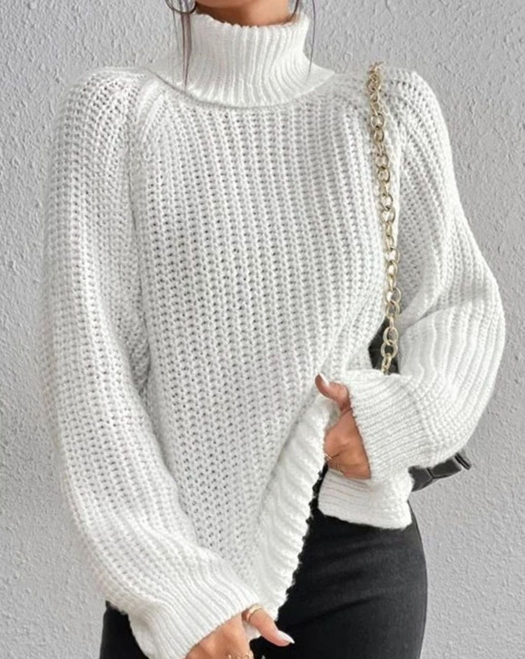 Women's Classic Ribbed Turtleneck Sweater Long Sleeve Knit - White