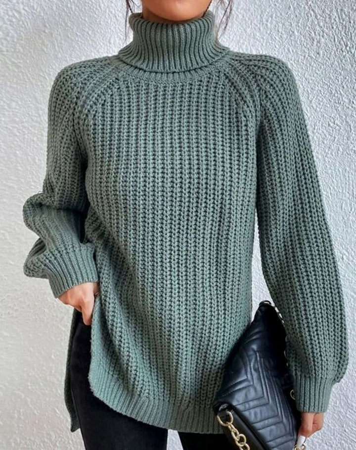 Women's Classic Ribbed Turtleneck Sweater Long Sleeve Knit - Green