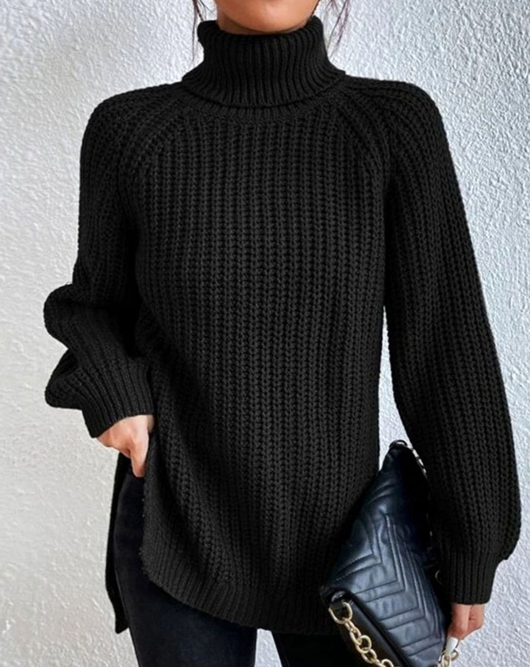 Women's Classic Ribbed Turtleneck Sweater Long Sleeve Knit - Black