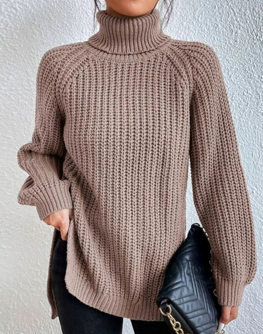 Women's Classic Ribbed Turtleneck Sweater Long Sleeve Knit - Khaki