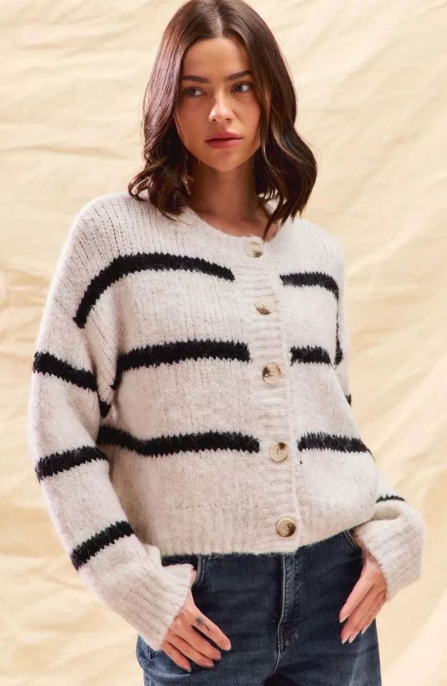 Women's Classic Striped Button-Down Knit Cardigan Sweater - White