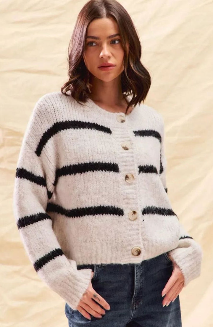 Women's Classic Striped Button-Down Knit Cardigan Sweater - White