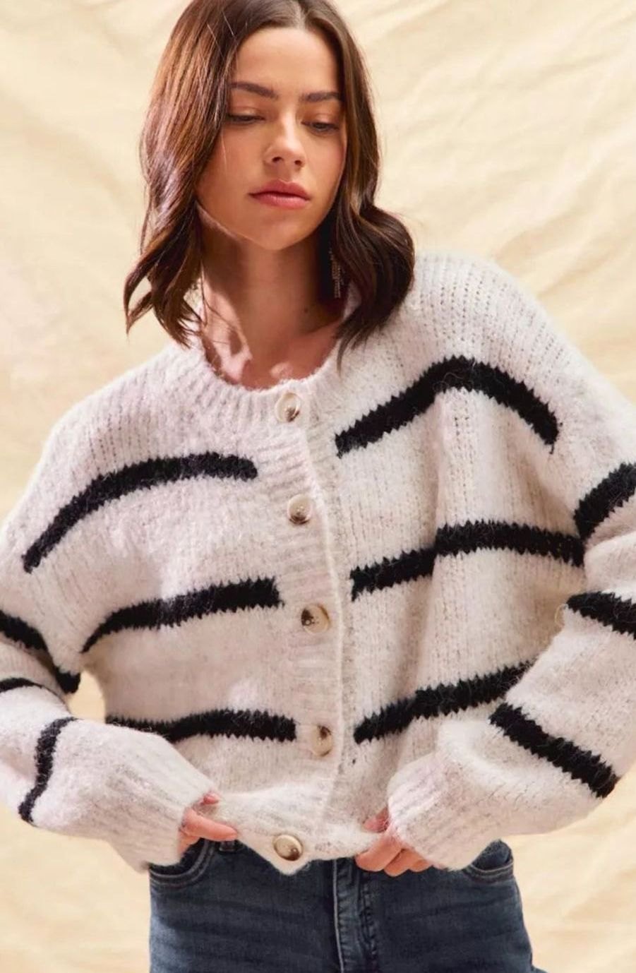 Women's Classic Striped Button-Down Knit Cardigan Sweater