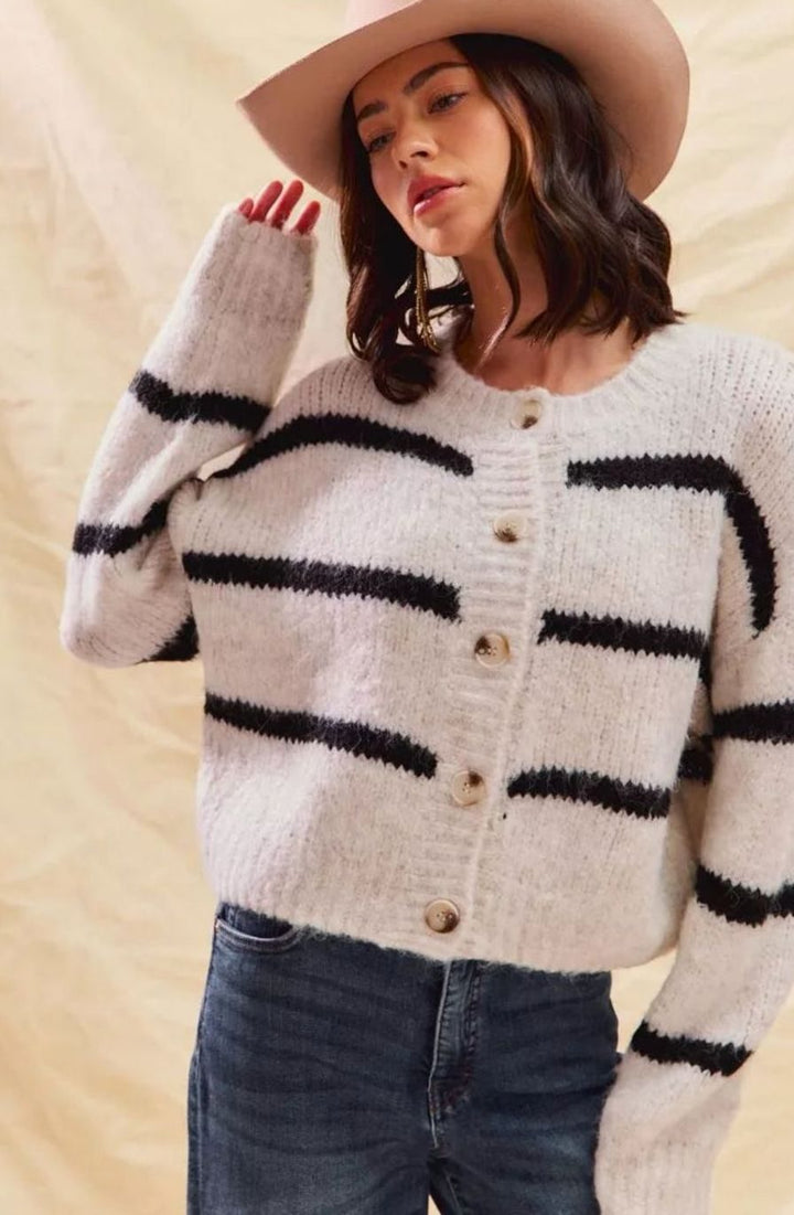 Women's Classic Striped Button-Down Knit Cardigan Sweater