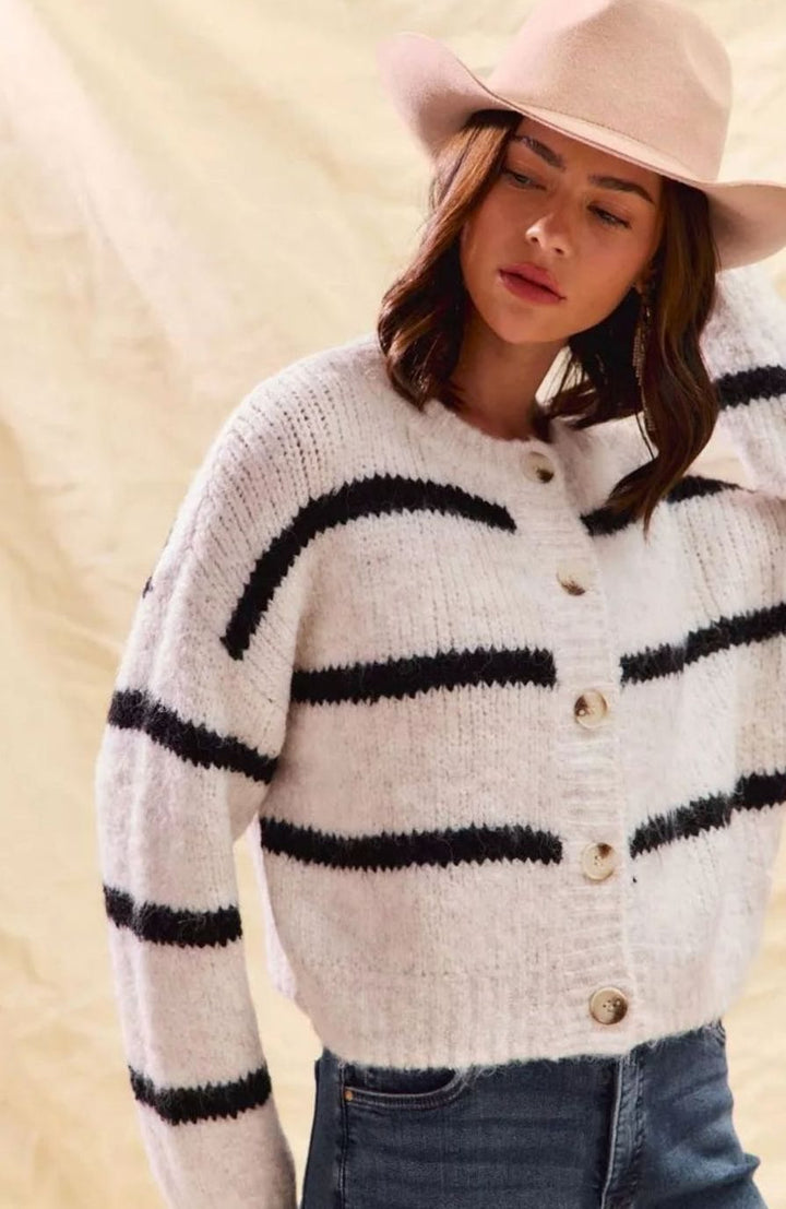 Women's Classic Striped Button-Down Knit Cardigan Sweater