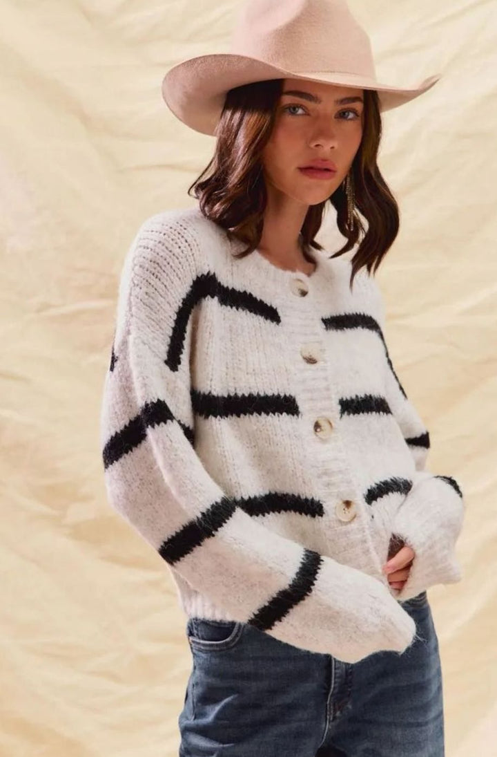 Women's Classic Striped Button-Down Knit Cardigan Sweater