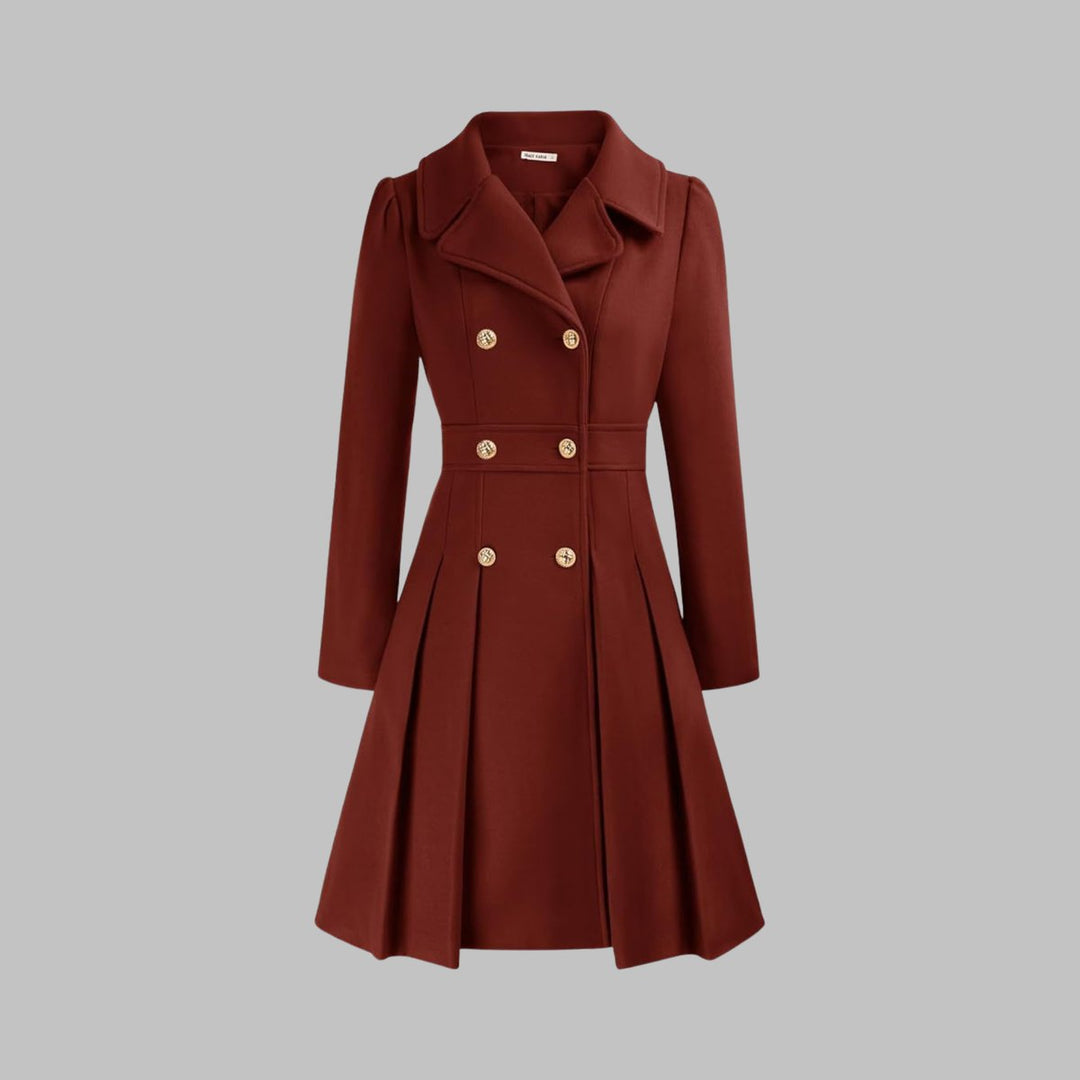 Women's Coat Double-Breasted Pleated A-Line Long Sleeve Overcoat - Red