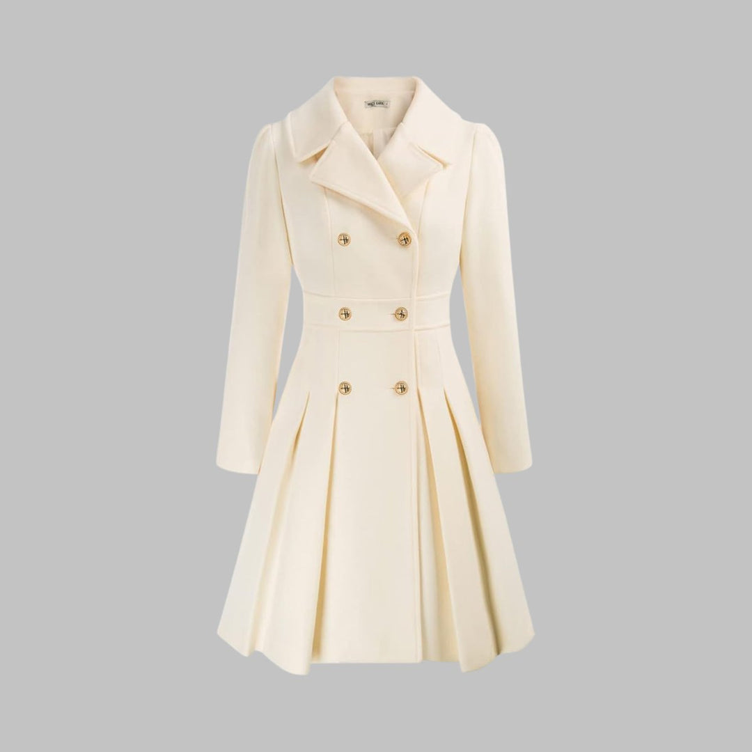 Women's Coat Double-Breasted Pleated A-Line Long Sleeve Overcoat - White