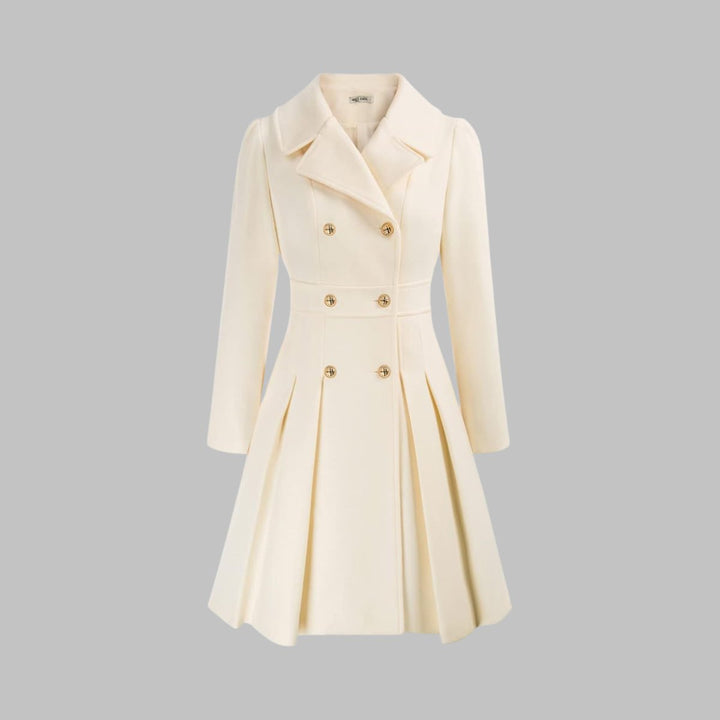 Women's Coat Double-Breasted Pleated A-Line Long Sleeve Overcoat - White