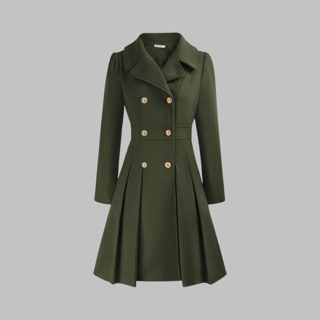 Women's Coat Double-Breasted Pleated A-Line Long Sleeve Overcoat - Army Green