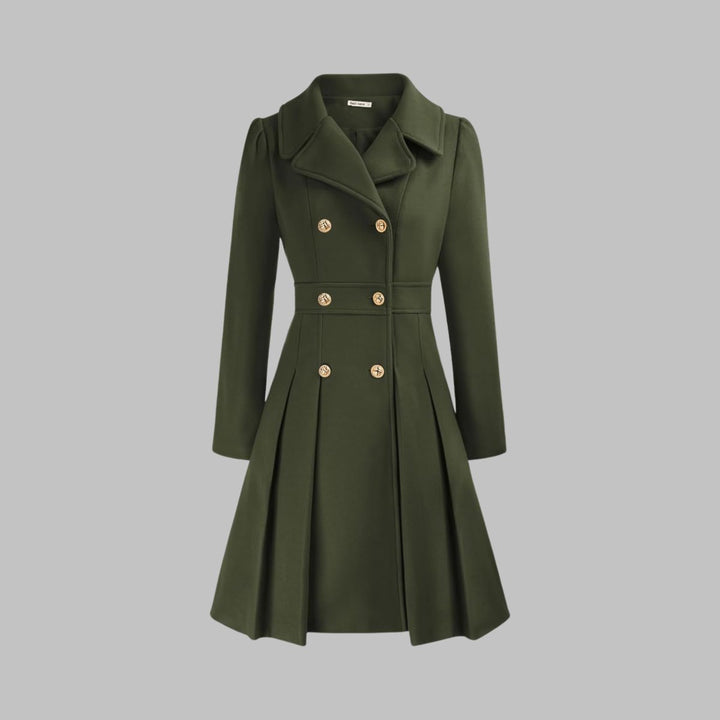 Women's Coat Double-Breasted Pleated A-Line Long Sleeve Overcoat - Army Green