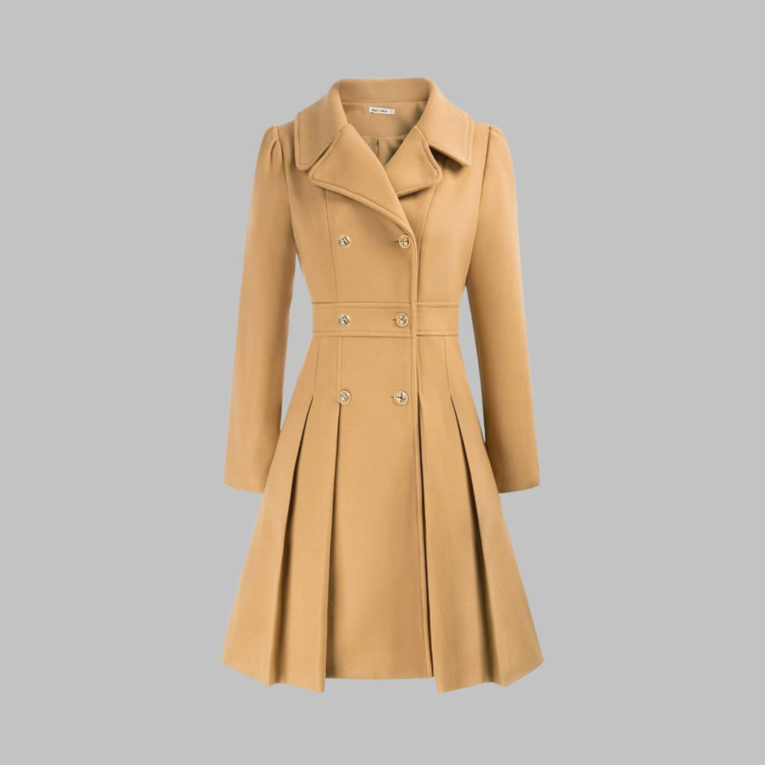 Women's Coat Double-Breasted Pleated A-Line Long Sleeve Overcoat - Teal