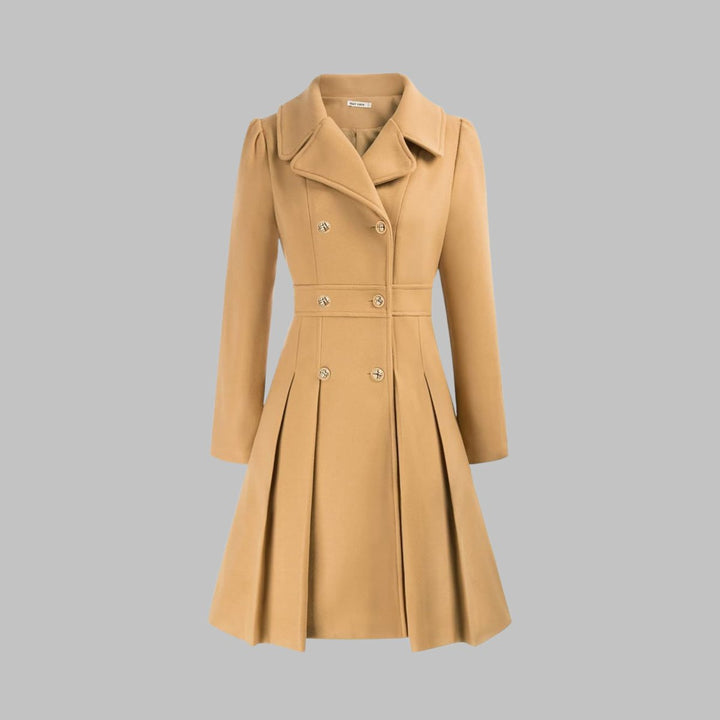 Women's Coat Double-Breasted Pleated A-Line Long Sleeve Overcoat - Teal