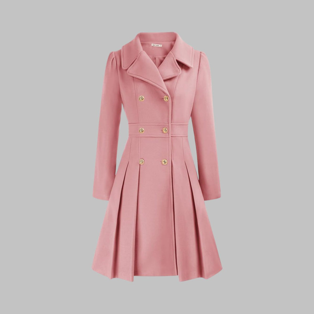 Women's Coat Double-Breasted Pleated A-Line Long Sleeve Overcoat - Pink
