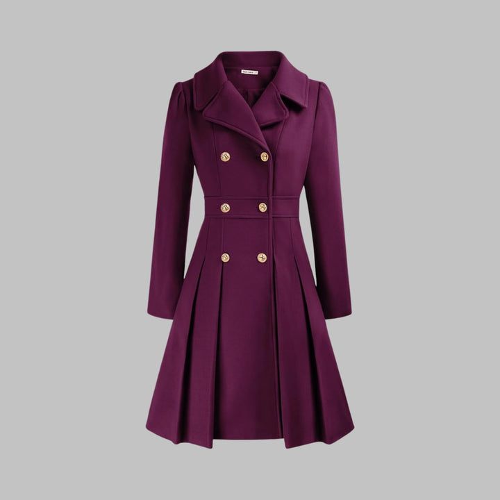 Women's Coat Double-Breasted Pleated A-Line Long Sleeve Overcoat - Purple