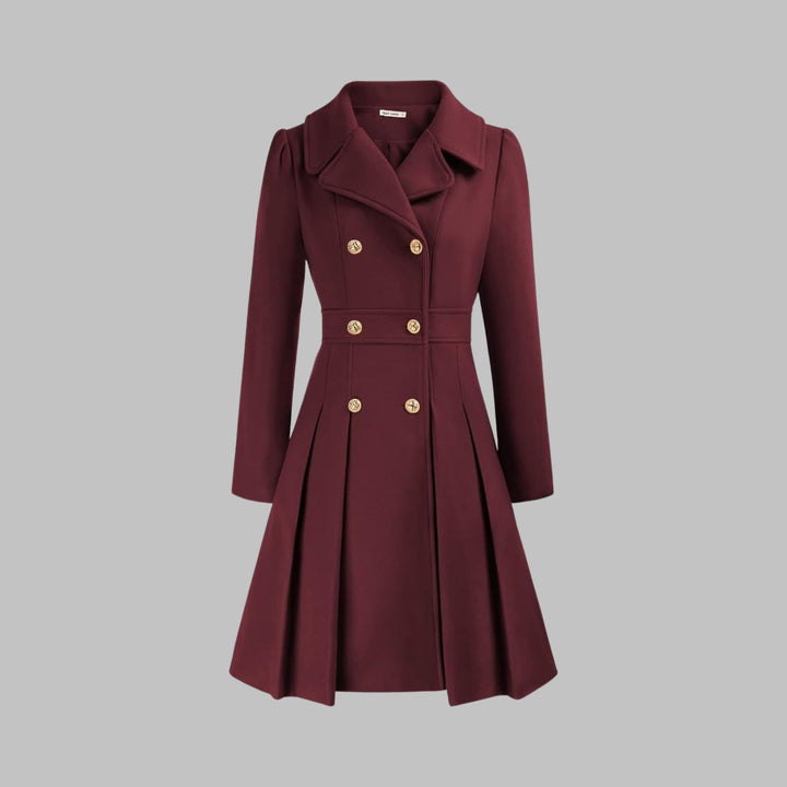 Women's Coat Double-Breasted Pleated A-Line Long Sleeve Overcoat - Deep Red