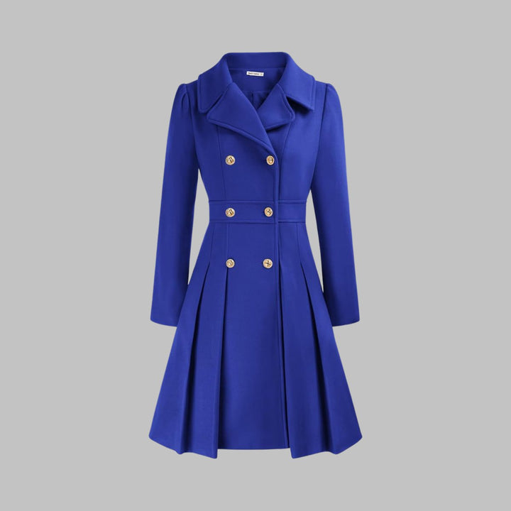 Women's Coat Double-Breasted Pleated A-Line Long Sleeve Overcoat - Royal Blue