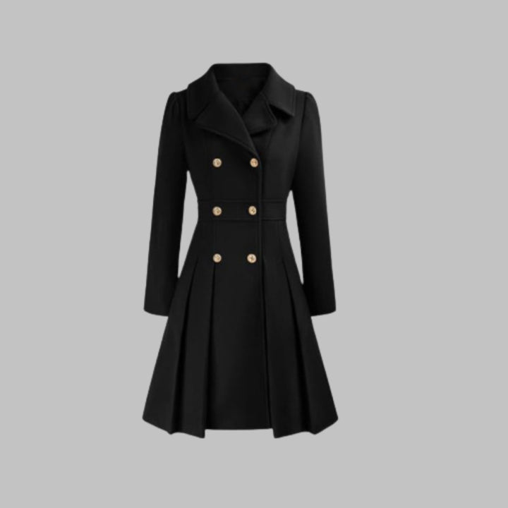 Women's Coat Double-Breasted Pleated A-Line Long Sleeve Overcoat - Black