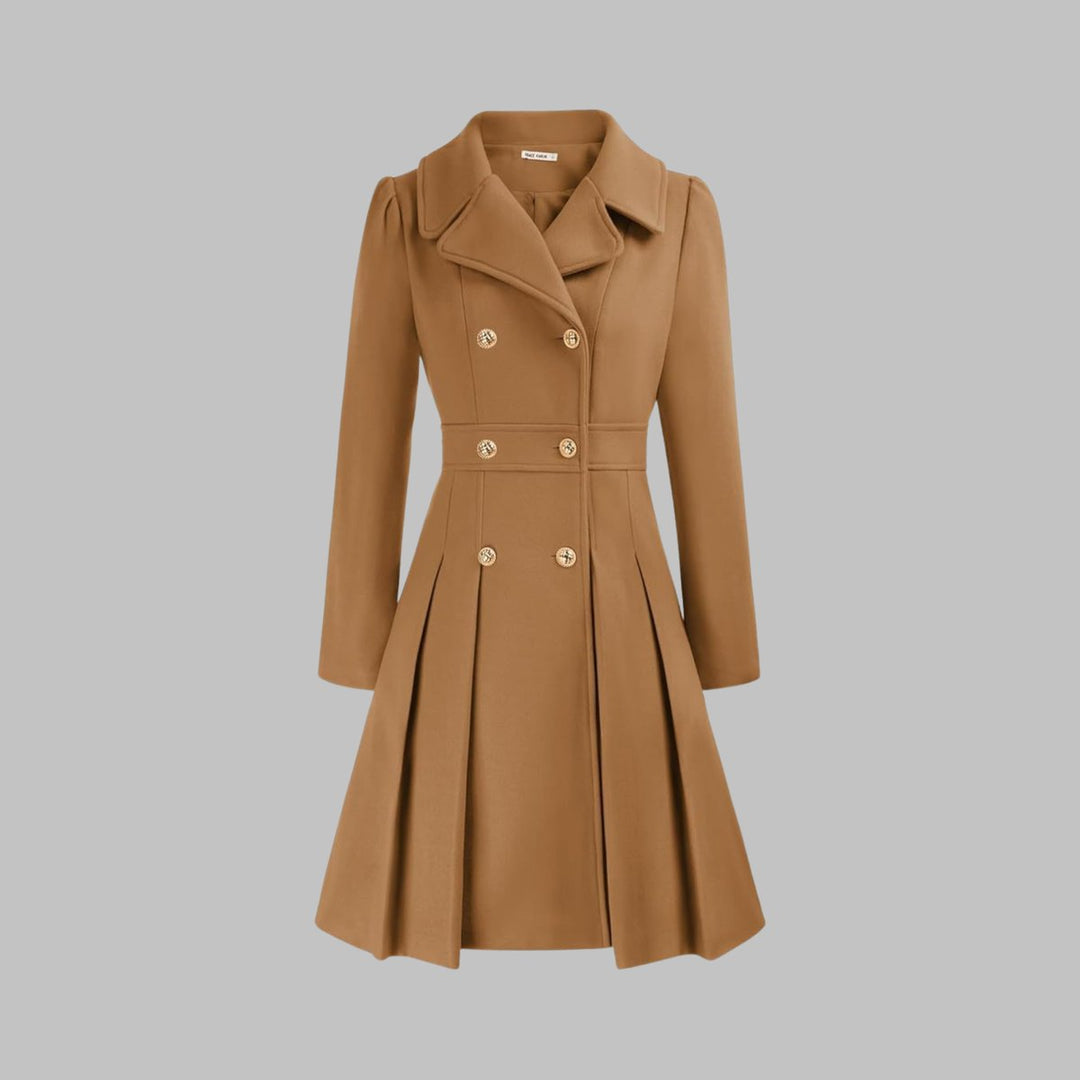 Women's Coat Double-Breasted Pleated A-Line Long Sleeve Overcoat - Camel