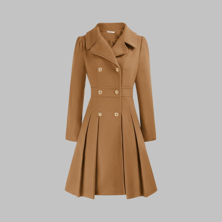 Women's Coat Double-Breasted Pleated A-Line Long Sleeve Overcoat - Camel