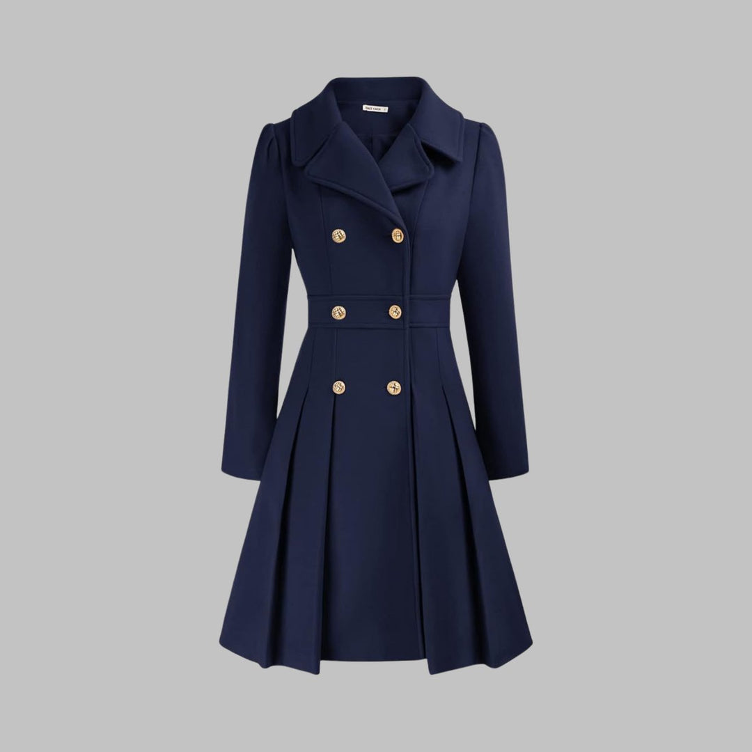 Women's Coat Double-Breasted Pleated A-Line Long Sleeve Overcoat - Dark Blue