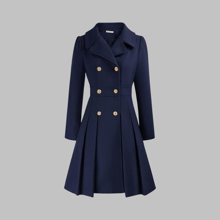 Women's Coat Double-Breasted Pleated A-Line Long Sleeve Overcoat - Dark Blue